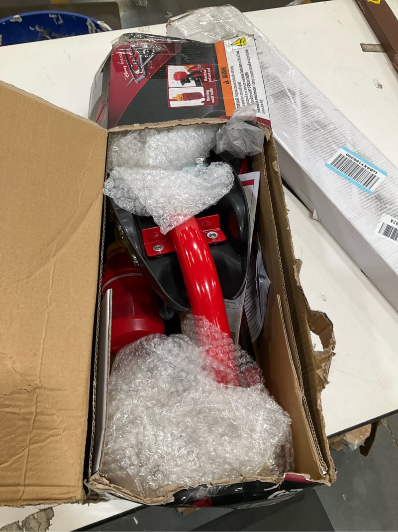 Condition photo showing As Is for huffy toddler 3-wheel scooter for kids, multiple colors & licensed character graphics, ages 3+, durable steel frame, wide non-slip deck, stable lean-to-steer design, light-up options, girls/boys cars | red