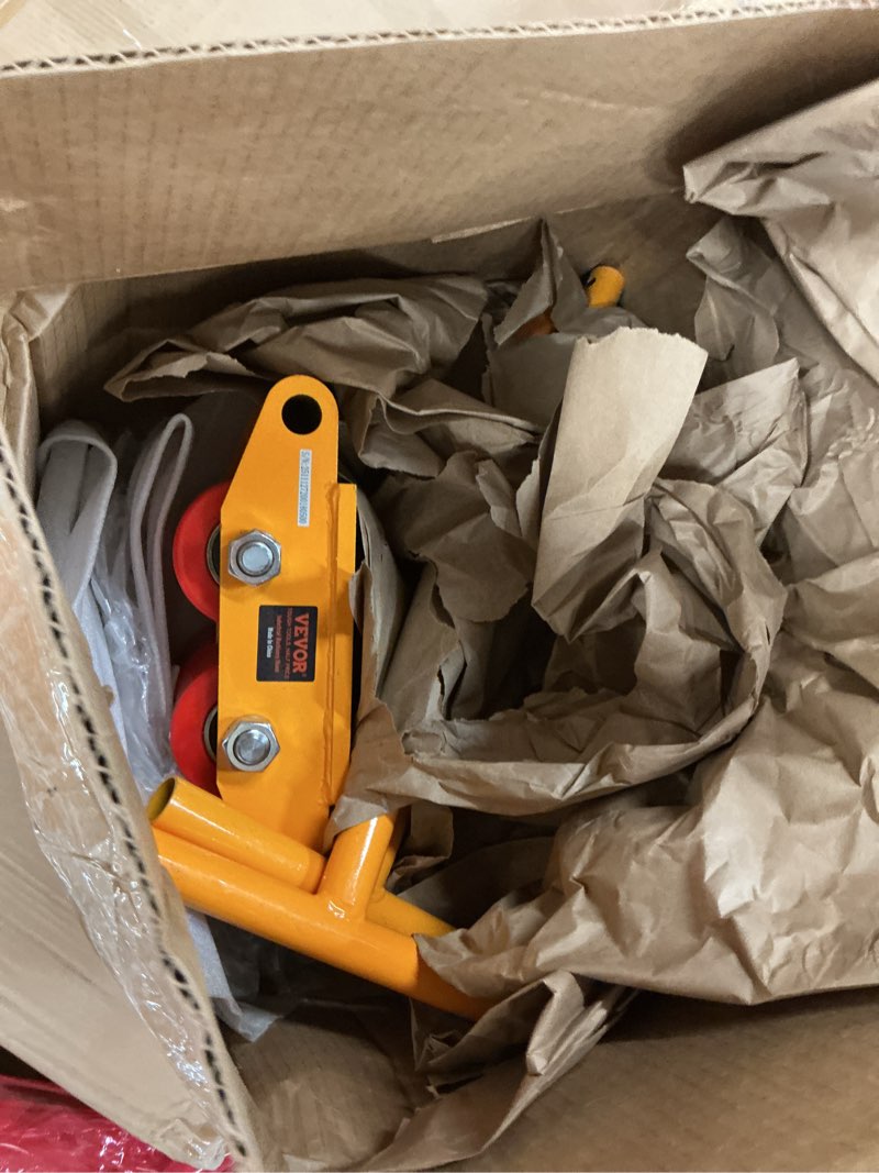 Condition photo showing As Is for vevor machine skate, 6t machinery skate dolly, 13228 lbs machinery moving skate, machinery mover skate with 360° rotation cap and pu directional rollers, heavy duty industrial moving equipment, yellow