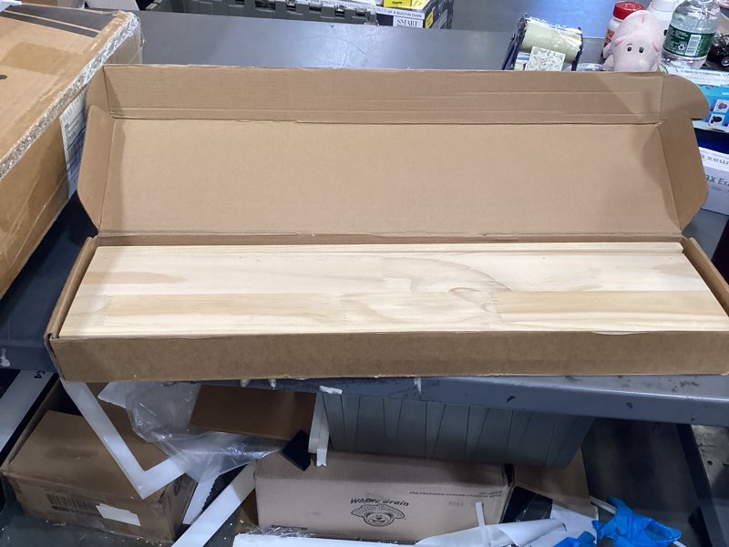 Condition photo showing New/Like New for azsky natural wood floating shelves-wall mounted picture shelf photo ledge for frames & albums display-24 inch nursery book shelf vinyl record shelf for bedroom, bathroom, living room, kitchen decor natural 24in set 2