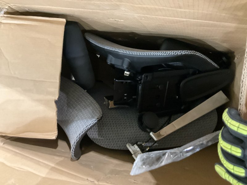 Condition photo showing As Is for amazon basics executive high back office chair, adjustable height, tilt, swivel, padded armrests, brown/gold