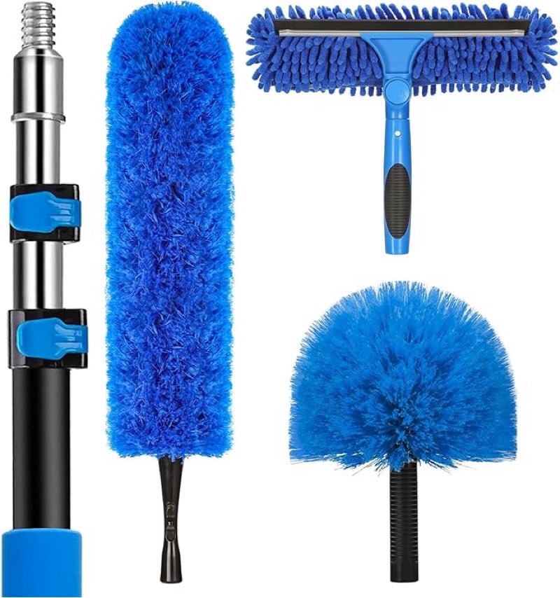20 feet high reach duster kit with 5-12 ft extension pole, cobweb duster with telescoping pole, window squeegee with scrubber, spider web brush, high ceiling fan duster for high window, interior roof