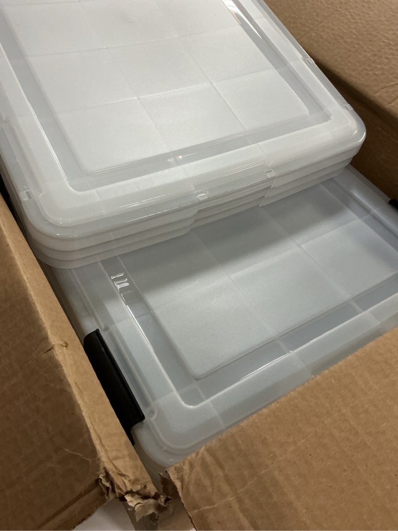 Condition photo showing Good Condition for iris usa weatherpro 41 qt storage bins with lids, 4 pack, bpa-free plastic gasket box with tight latch and seal, stackable nestable tote tub - clear/black 41 qt. - 4 pack