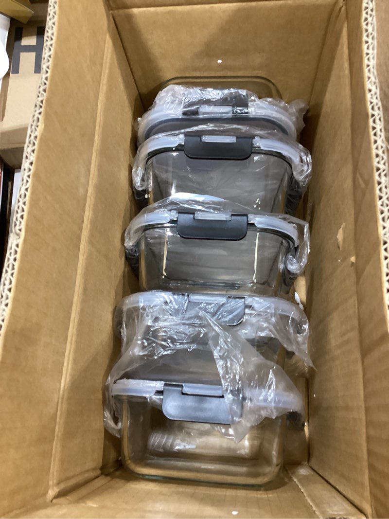 Condition photo showing Good Condition for glass food storage containers with airtight lids, 5-piece set, freezer safe, microwave safe, leak proof