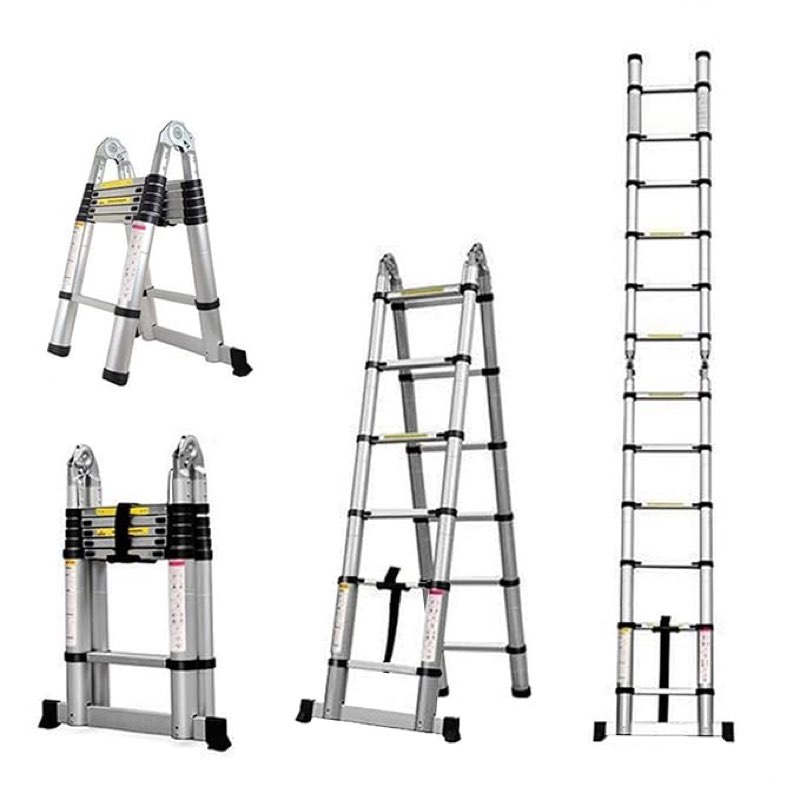 BOWEITI 3.8m Telescoping Ladder,Telescoping A Frame Ladder with Balance Bar and Movable Wheel,Household Use Folding Ladder,Multi-Purpose Collapsible Ladder for Outdoor Work, Aluminium