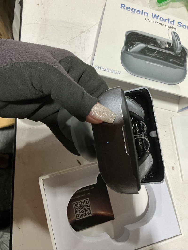 Condition photo showing Good Condition for hearing aids, hearing aids for seniors with moderate hearing loss, 16 channel rechargeable hearing amplifiers with noise cancelling, five levels of volume adjustment, clear sound and easy to use grey