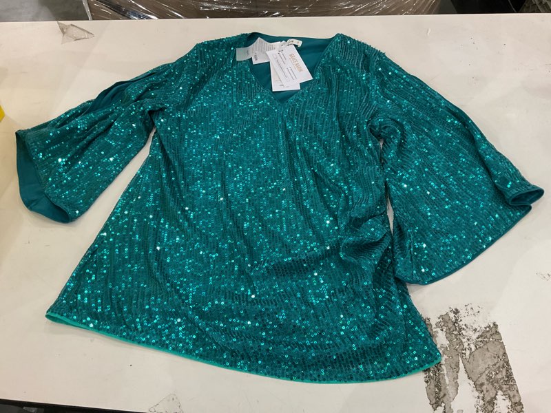 Condition photo showing New/Like New for GRACE KARIN Womens MEDIUM Sparkly Sequin Tops,3/4 Sleeve Glitter Party Dressy Blouse,V-Neck Disco Evening Club Concert Shirt Medium Aqua Green