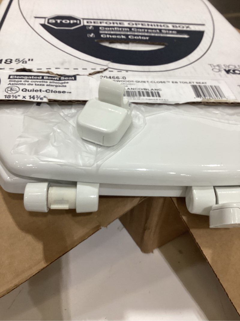 Condition photo showing New/Like New for KOHLER Stonewood Quiet-Close, Elongated Toilet Seat Soft Close, Durable Wood, Easy Installation, Universal Fit, Home Essentials, White Finish, K-20466-0 Elongated White broken pieces 