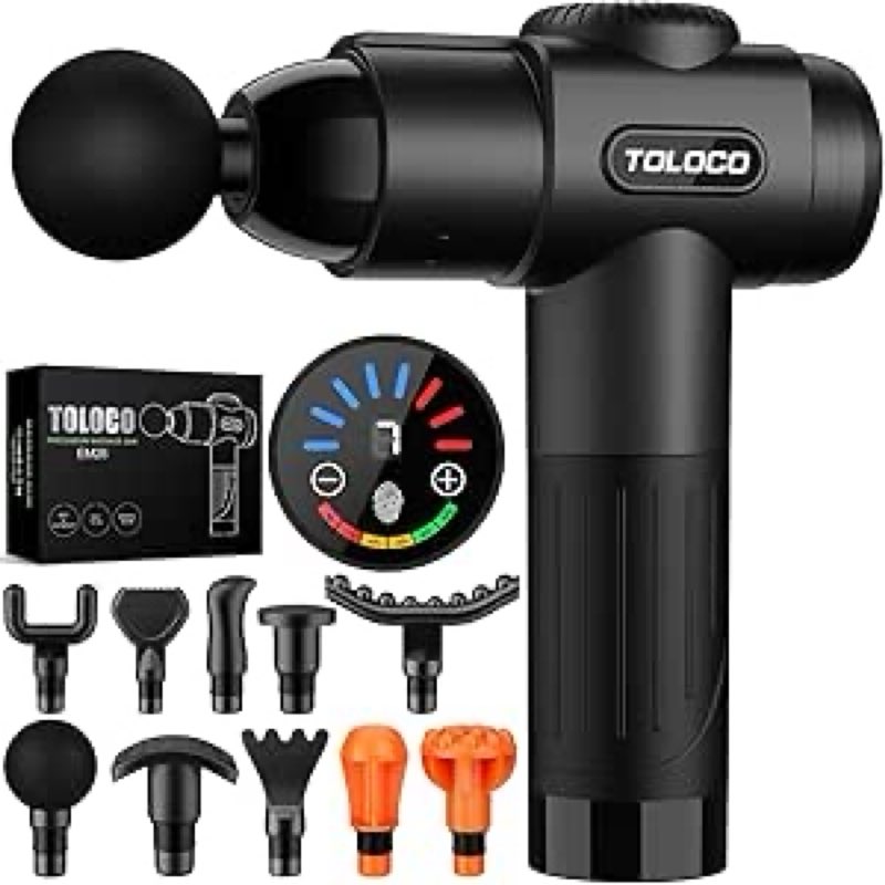 toloco massage gun, deep tissue back massage for athletes for pain relief, percussion massager with 10 massages heads & silent brushless motor, fathers day dad gifts, black
