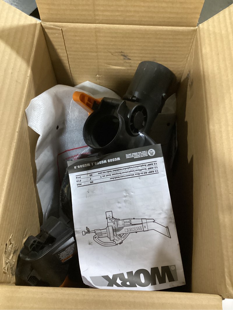 Condition photo showing As Is for WORX WG509 12 Amp Trivac, 3 in 1 Electric Leaf Blower, Leaf Vacuum & Leaf Mulcher for Lawn Care 350CFM Blower/Vac/Mulcher