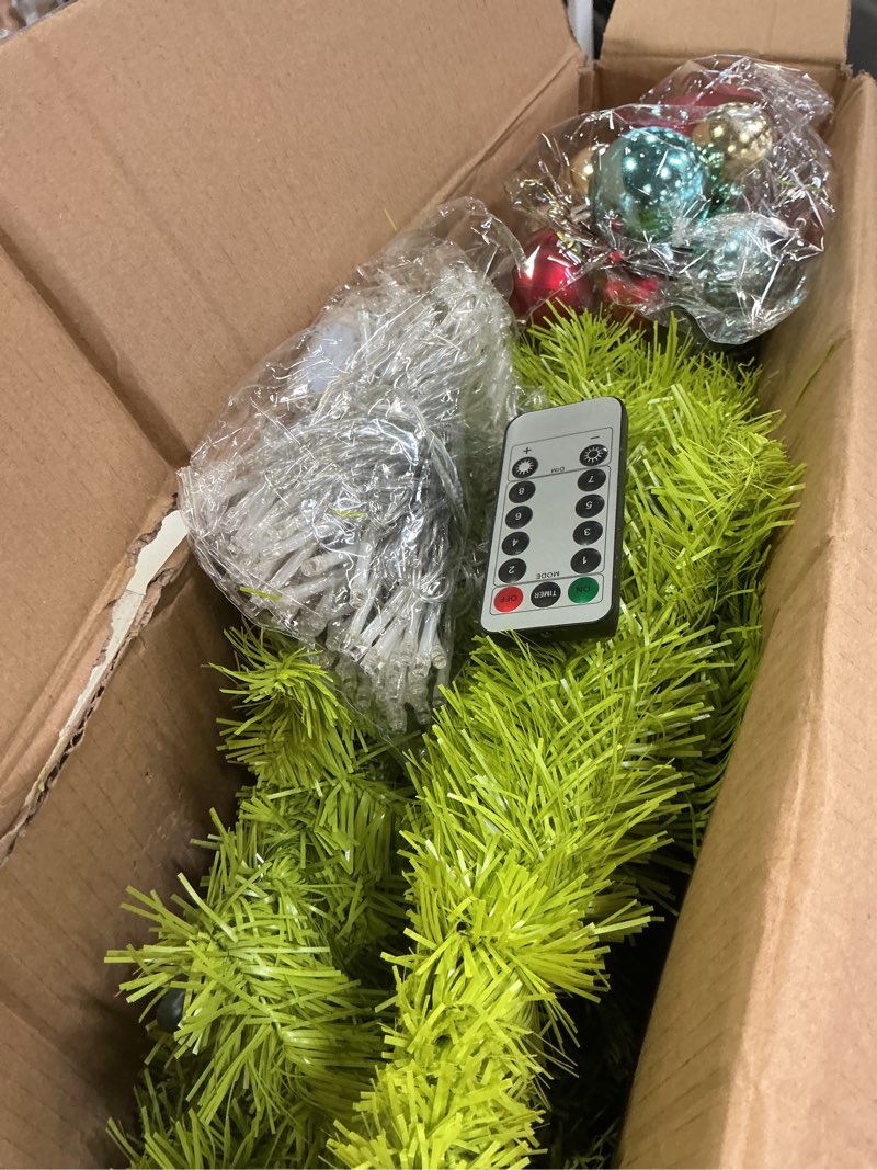 Condition photo showing Good Condition for HMASYO 5ft Whimsical Artificial Christmas Tree with 150 LED Timer Lights, Lime Green Bendable Christmas Tree with Ball Ornaments & Metal Base Holiday Decor for Home, Office, Party, Easy Assembly