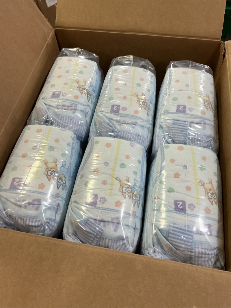 Condition photo showing New/Like New for luvs size 2 baby diapers, platinum protection bluey diapers for day & night, size 2, 264 count (packaging may vary) size 2 264