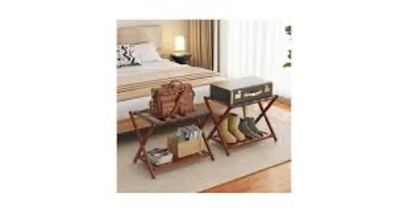 Bambition Fully Assembled Luggage Rack Set of 2, Bamboo Folding Suitcase Stands for Guest Room, Heav