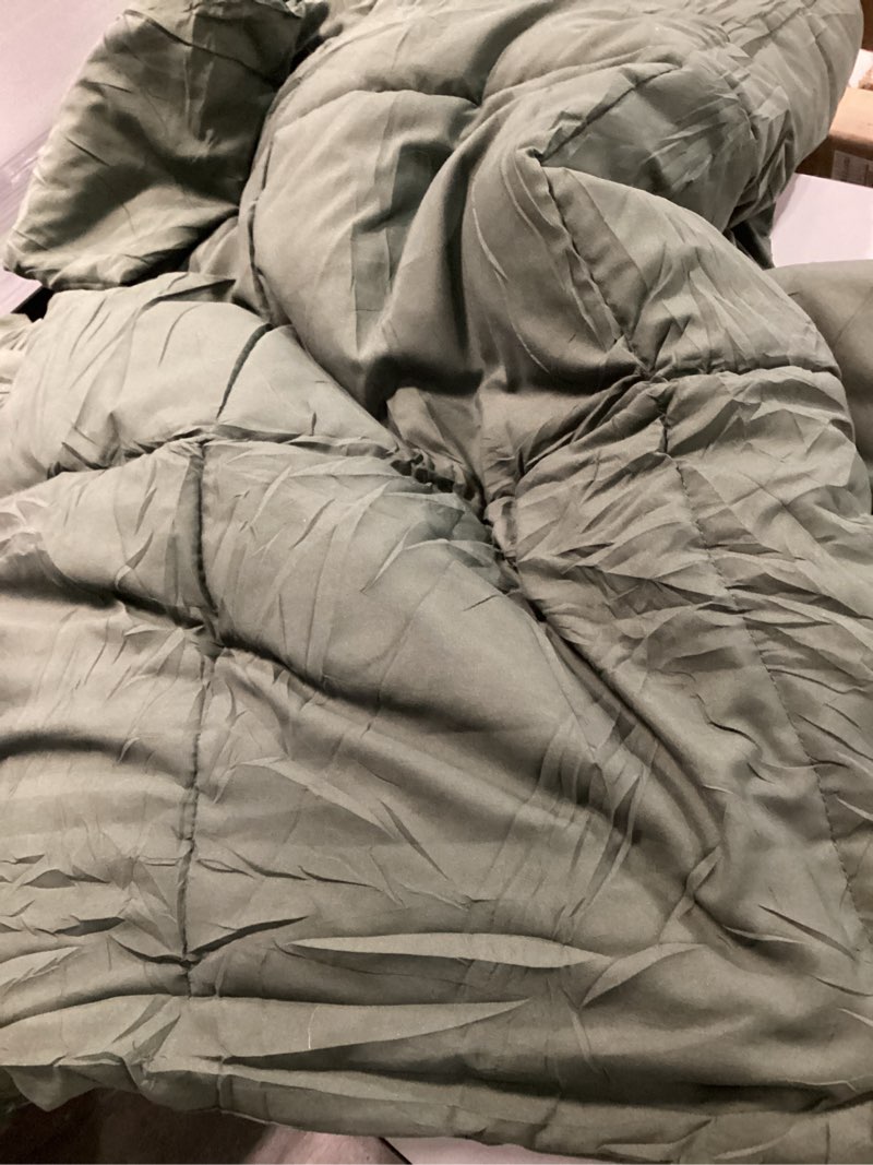 Condition photo showing item condition for CozyLux Queen Size Comforter Set - Olive Green Comforter Queen Size, 3 Pieces Box Stitched Bed Set for All Seasons, Soft Lightweight Bedding Sets with 1 Down Alternative Comforter and 2 Pillow Shams(102x90”)