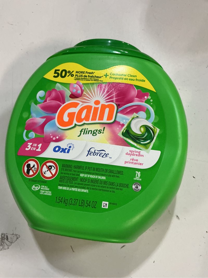 Condition photo showing New/Like New for Gain Flings Laundry Detergent Pacs, 76 Count, Spring Daydream Scent, 3 in 1 HE Detergent Pacs with Oxi Boost and Febreeze 76 Count (Pack of 1)