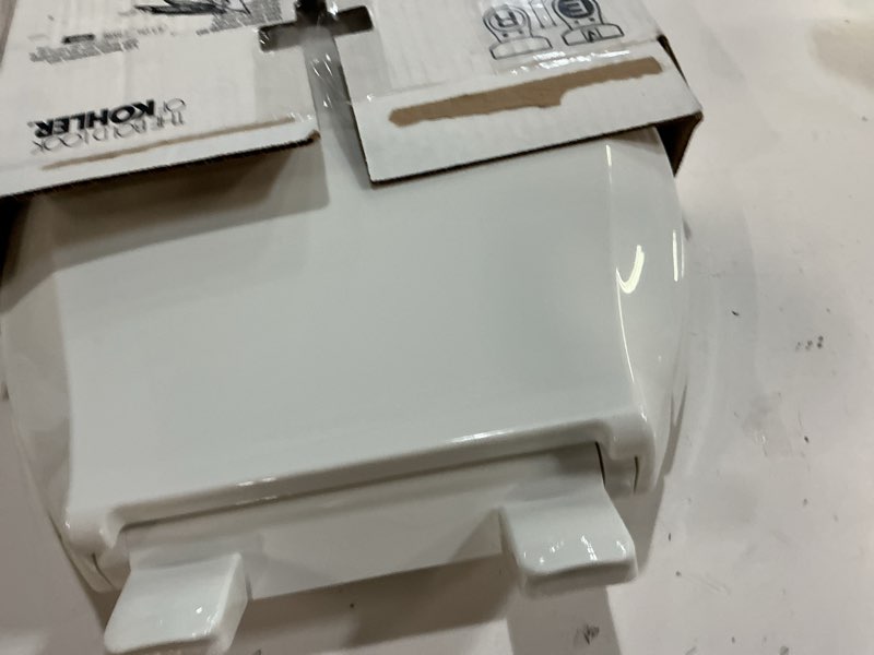 Condition photo showing As Is for kohler 4636-rl-0 cachet readylatch elongated toilet seat slow close, soft close toilet seat quiet lid, contoured grip-tight bumpers installation hardware, apartment essentials, white white elongated ready latch
