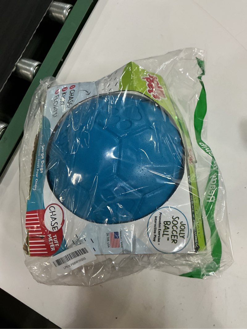 Condition photo showing New/Like New for jolly pets large soccer ball floating-bouncing dog toy, 8 inch diameter, ocean blue 8 inch diameter ocean blue