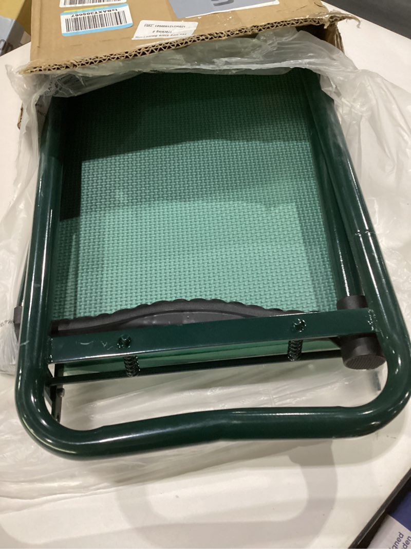 Condition photo showing As Is for tomcare garden kneeler and seat 10.64” wider larger soft kneeling pad garden bench with 2 large tool pouches heavy duty garden stool foldable tools gardening gifts for women men gardeners green 10.64" extra-wide kneeling pad