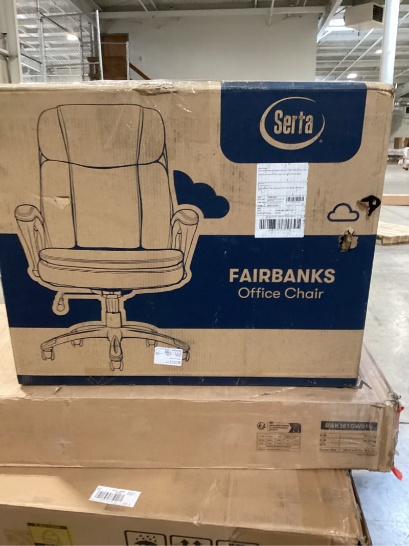 Condition photo showing New/Like New for serta fairbanks big and tall executive office chair - ergonomic high back computer desk chair with lumbar support, memory foam seat cushion, padded armrests, bonded leather, 350 lb capacity - black black 350 lbs