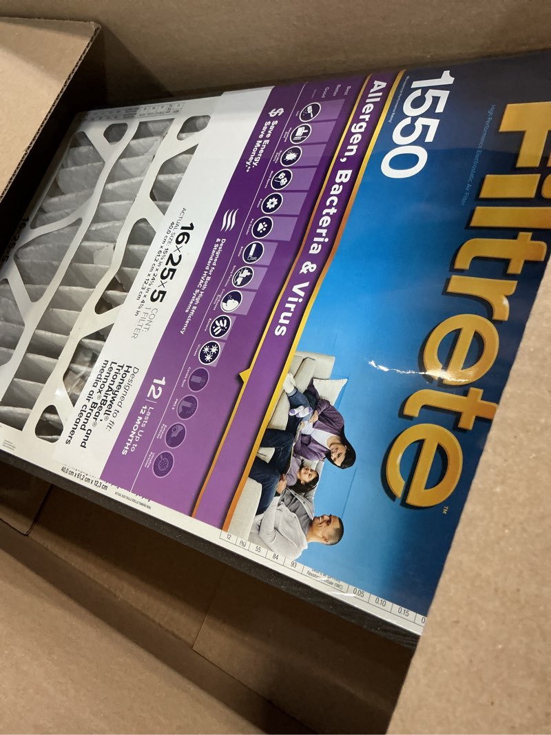 Condition photo showing Good Condition for filtrete 16x25x5 ac furnace air filter, mpr 1550, merv 12, fits honeywell & trion airbear, certified asthma & allergy friendly, electrostatic air filter, 1-pack (actual size 15.75 x 24.13 x 4.88) 4.9" x 24.1" x 15.6"