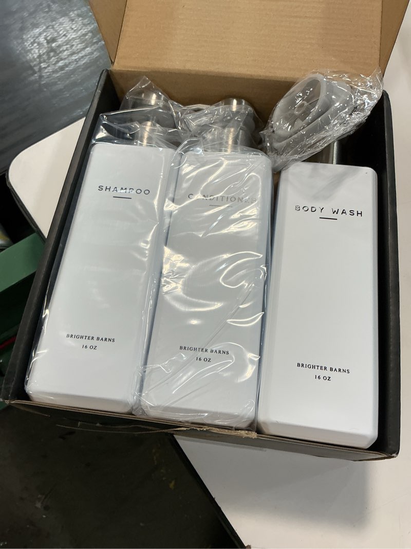Condition photo showing Good Condition for white shampoo and conditioner dispenser set by brighter barns - shower dispenser for bathroom - refillable plastic shampoo bottle & stainless steel pump - shampoo dispenser for airbnb, hotel (white)