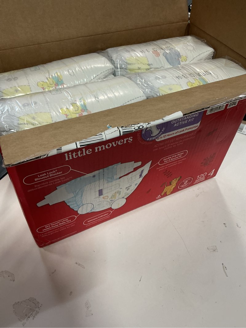 Condition photo showing New/Like New for (Size:4)Huggies Size 4 Diapers, Little Movers Baby Diapers, Size 4 (22-37 lbs), 120 Count, Packaging May Vary