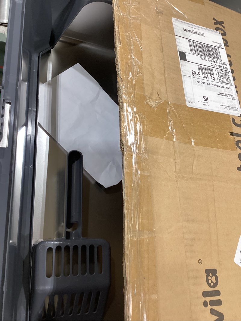 Condition photo showing Good Condition for stainless steel litter box with high sides, xl high sided cat litter pan, open top extra large metal cat litter box, non-stick, odor free, leakproof, scoop included, gray