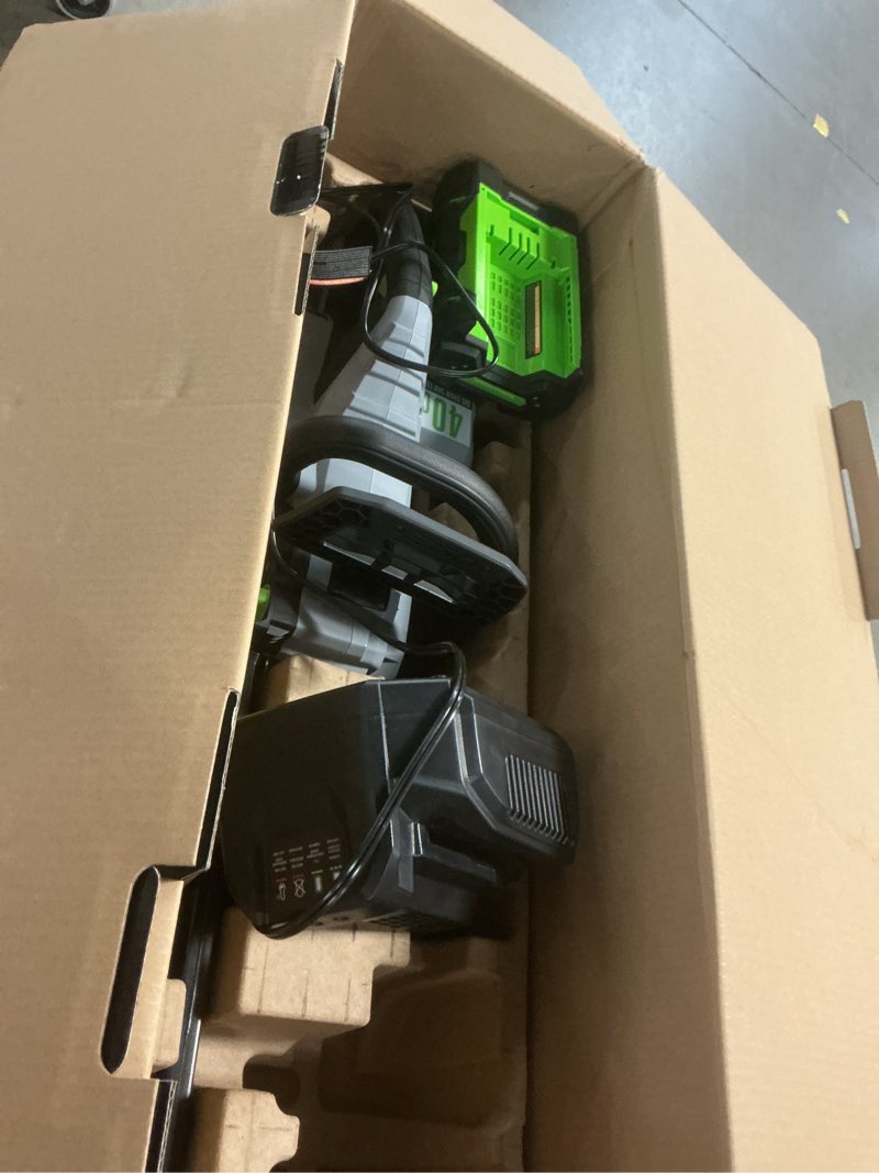 Condition photo showing As Is for ego 56-volt 16-in battery 2.5 ah chainsaw (battery and charger included)