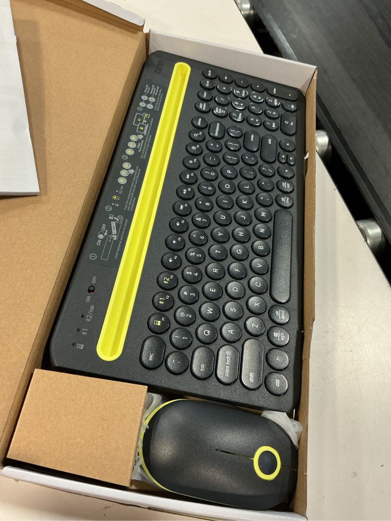 Condition photo showing Good Condition for onn multi-device wireless keyboard and mouse set, full size, gray & yellow