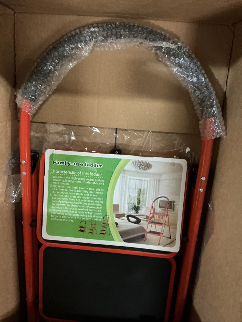 Condition photo showing Good Condition for 3 step ladder folding step stool, collapsible metal step ladder with wide anti slip pedals, heavy duty 330 lb capacity portable ladder for home kitchen living room storage use (red)