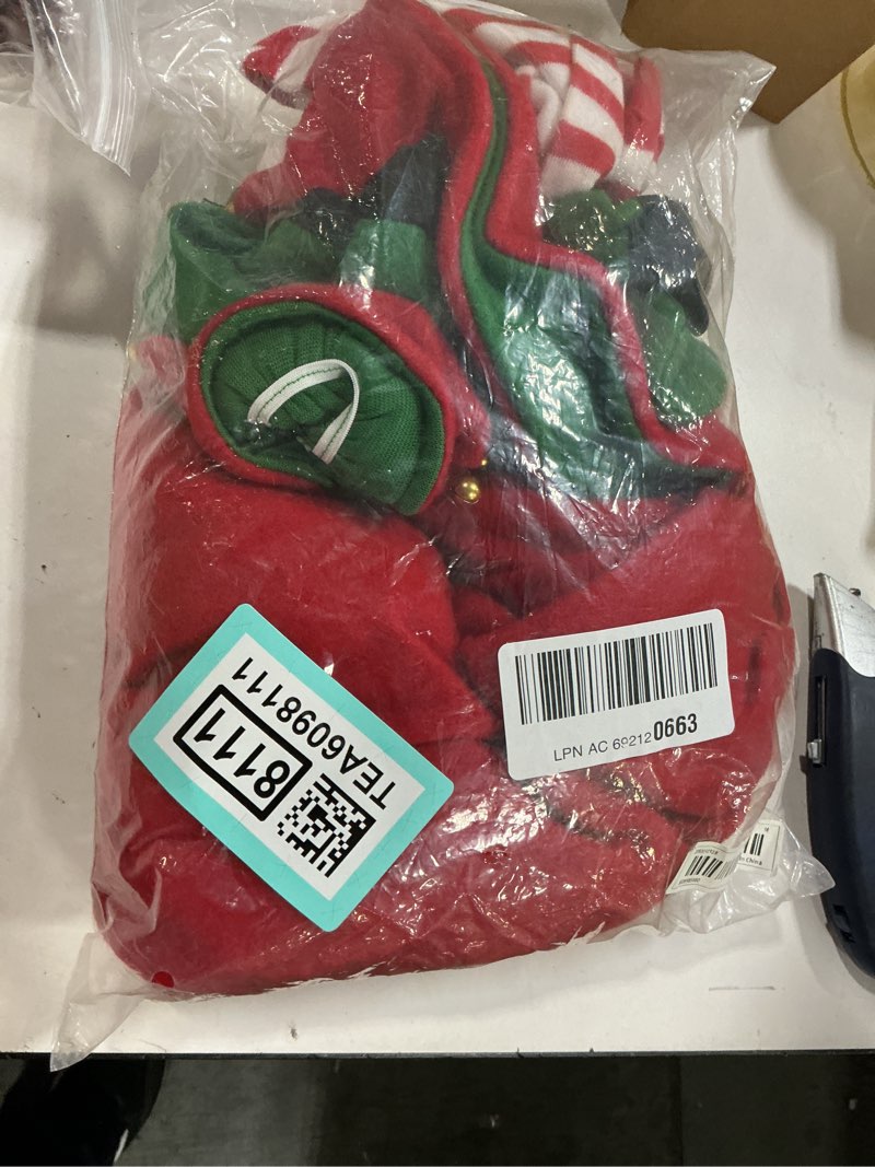 Condition photo showing New/Like New for Girls Christmas Elf Costume Dress with Elf Hat Shoes Belt Striped Stockings 7-8 Years