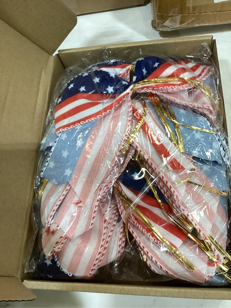 Condition photo showing Good Condition for 24 pcs 6 inch patriotic tree bows 4th of july red white blue ribbon american flag theme bows for tree independence veteran's door wall wreaths gift wrapping decorations