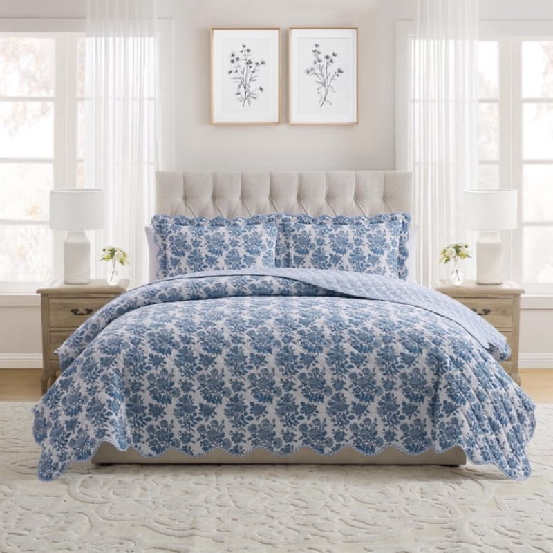 My Texas House Blue Toile 3-Piece Adult Quilt Set, King