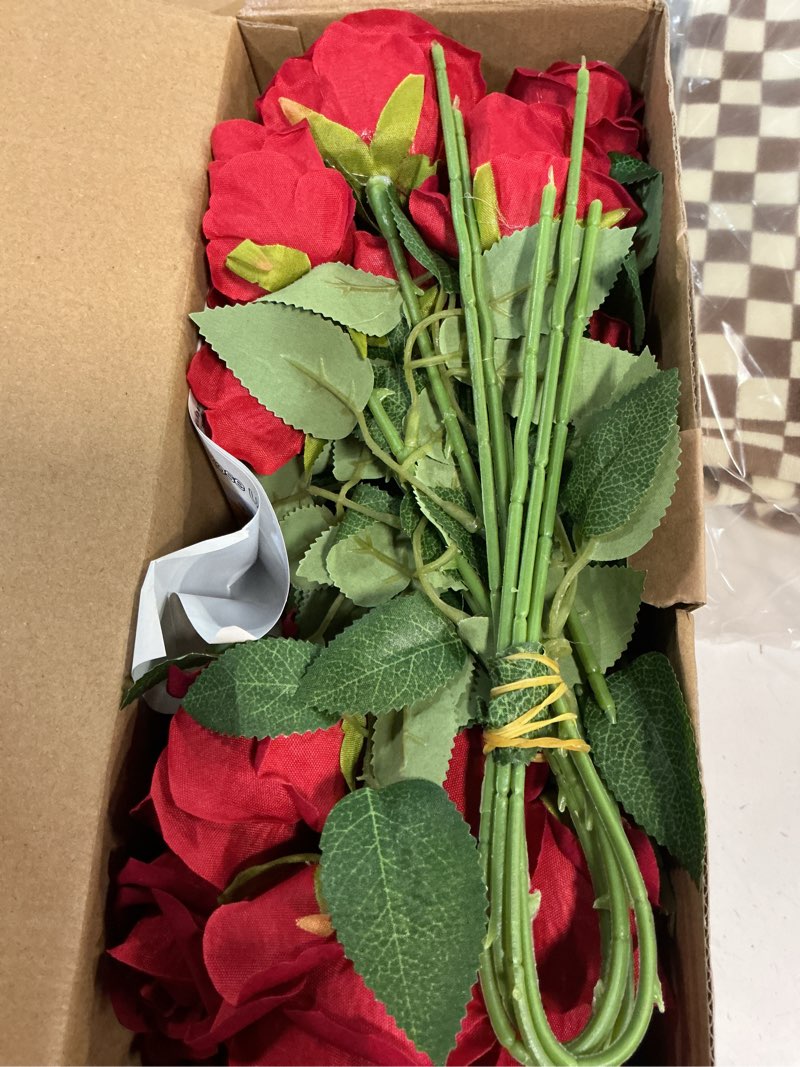 Condition photo showing New/Like New for wondrus bulk artificial flowers 50 pcs, fake velvet silk red roses with long stems realistic bouquet for wedding centerpieces, faux arrangement for home table decor red 50