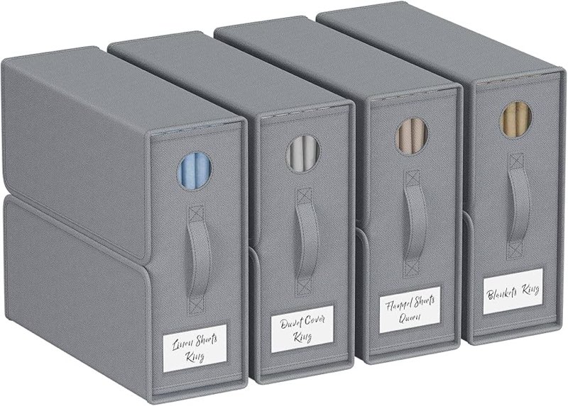 HARNORD 4-Pack Foldable Bed Sheet Organizers for King Size, Linen Fabric Storage Bins with Window & 