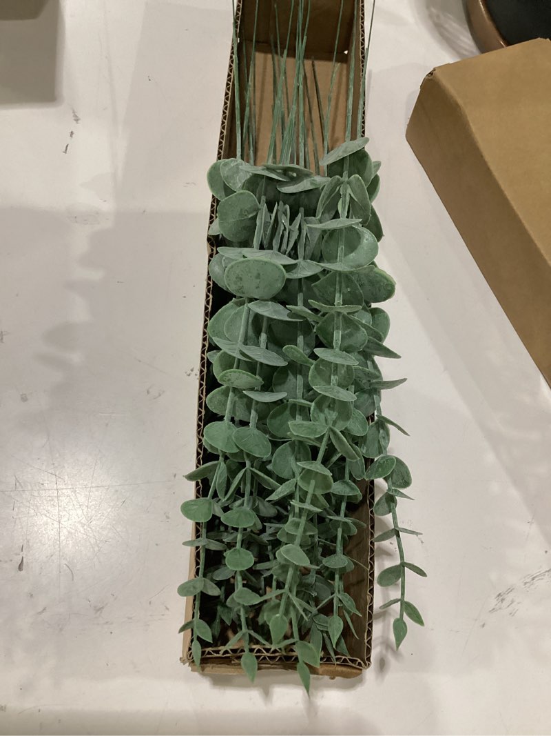 Condition photo showing As Is for fake plants, 20pcs eucalyptus stems artificial flowers, fake eucalyptus leaves stems, plastic grey green touch leaf branches for home office flowers bouquet centerpiece wedding decoration grey green 20 pcs