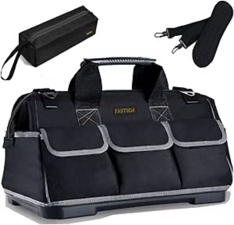 fastech 22-inch wide mouth tool bag with water proof molded base, waterproof tool organizer bag for men with adjustable shoulder strap (grey-22inch)