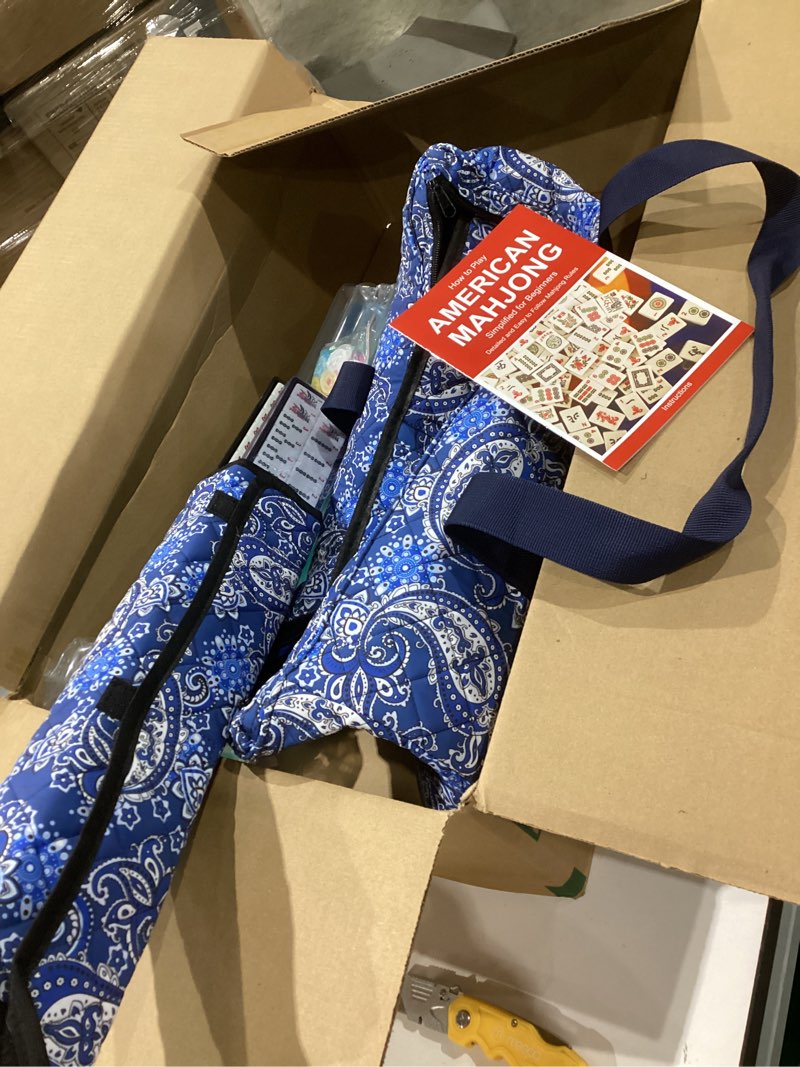 Condition photo showing Good Condition for american mahjong game set, 166 white tiles, blue printed bag with entire accessories, 4 all-in-one rack/pushers, mahjong tiles set, mah jongg,with large blue mahjong mat, anti-slip (31.5” x 31.5”