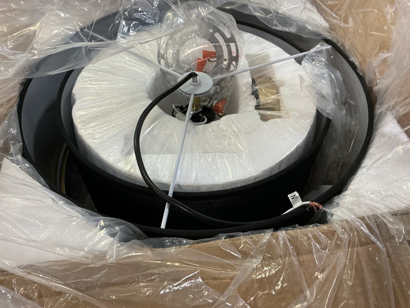 Condition photo showing Good Condition for Luupyia 15.75 Inches Drum Ceiling Light Black and Gold, 3-Lights Fabric Simple Semi Flush Mount Ceiling Lights with Double Fabric Shade, Drum Overhead lighting for Bedroom Hallway Living Room E26, 60W