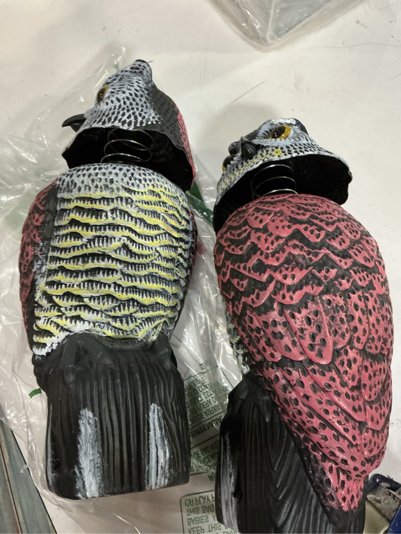 Condition photo showing Good Condition for hedoc 2 pack fake owl decoys to scare birds away(15 inch), rotating head sculptures, nature enemy scarecrow plastic statues, pest repellent,pigeon deterrent outdoor yard, garden protectors