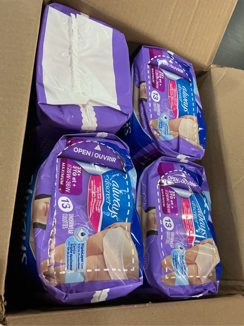 Condition photo showing New/Like New for always discreet reimagined adult diapers for women, maximum absorbency incontinence and postpartum underwear size 3x+, up to 100% leak free bladder leak protection, 52 count? xxx-large 52