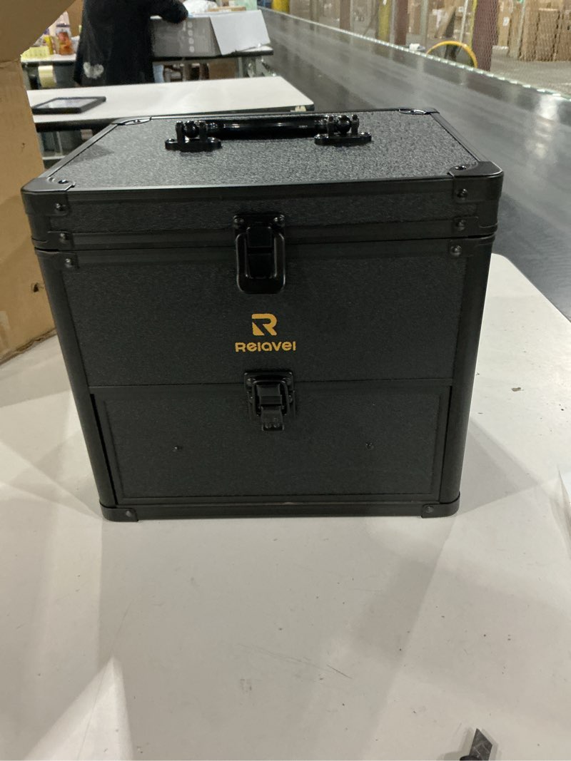 Condition photo showing Good Condition for Relavel Makeup Bag with LED Mirror, Dual Layer Cosmetic Train Case with Light up Mirror Large Travel Makeup Artist Organizer Bag for Women with Adjustable Dividers & Nail Polish Organizer, Black black 2 layer large