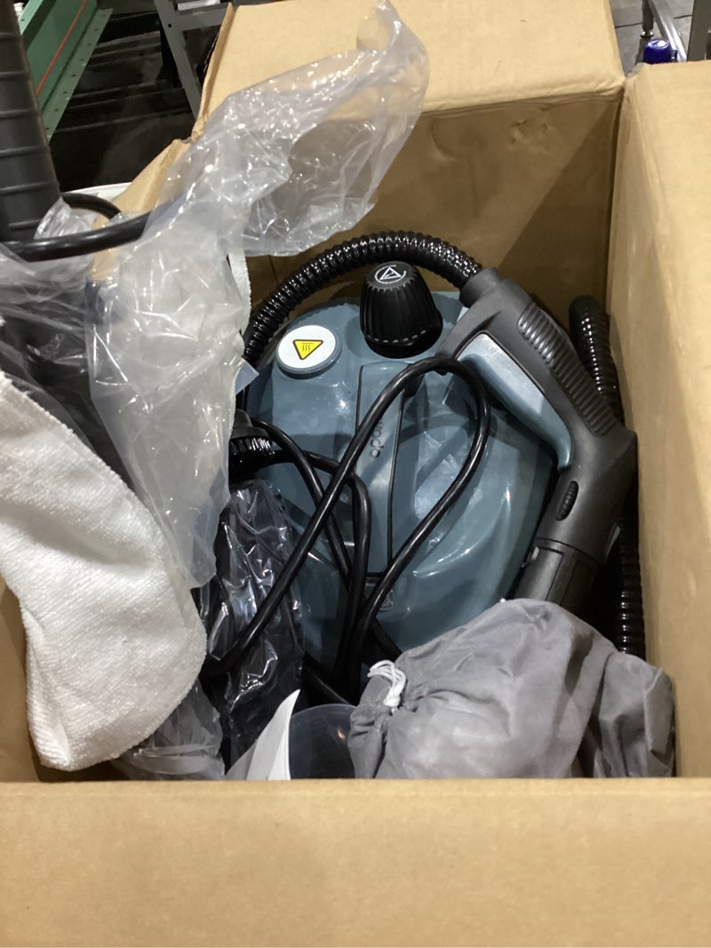 Condition photo showing New/Like New for steam cleaner, powerful heavy duty canister steamer with 34 accessories, steam mop with 16.4 ft extra-long power cord for home floor cleaning, grout, upholstery, car detailing
