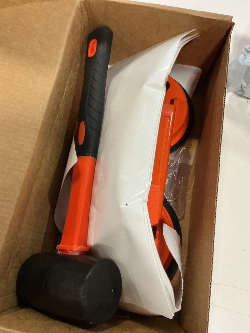 Condition photo showing Good Condition for floor gap fixer tool heavy duty 45°striking surface floor gap repair tool made of iron & enhanced suction cup with slot cutter, hammer and 5pcs sticky pads for fixer laminate/vinyl flooring tools orange