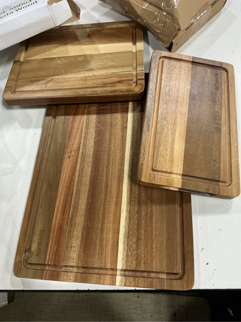 Condition photo showing As Is for wood cutting boards for kitchen, acacia wooden cutting board set, charcuterie board, large solid chopping board for meat, cheese, fruit, vegetables (set of 3)