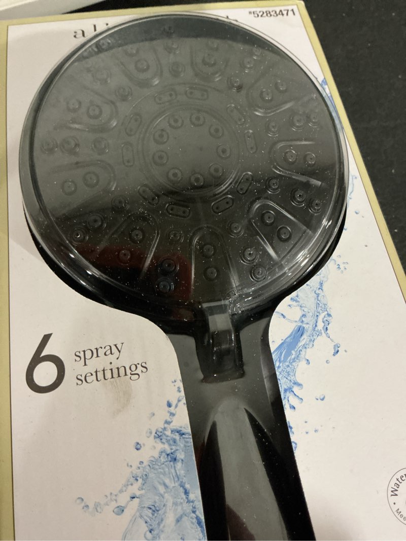 Condition photo showing As Is for allen + roth nevis matte black round handheld shower head 1.8-gpm (6.8-lpm)