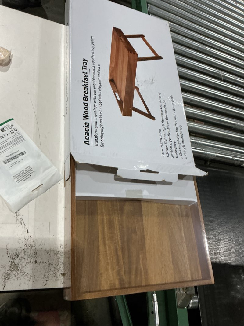 Condition photo showing New/Like New for extra large folding bed tray table, 22’’ x 14’’ acacia wood breakfast tray, food serving tray with legs for eating in bed