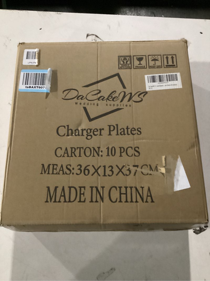 Condition photo showing New/Like New for 13-Inch Acrylic Clear Charger Plates,Gold Charger Plate Set of 10pcs - Elegant Decorative Dinner Plates Chargers for Wedding Reception, Holiday Party, Family Gathering & Table Setting 10 Acrylic Round Gold