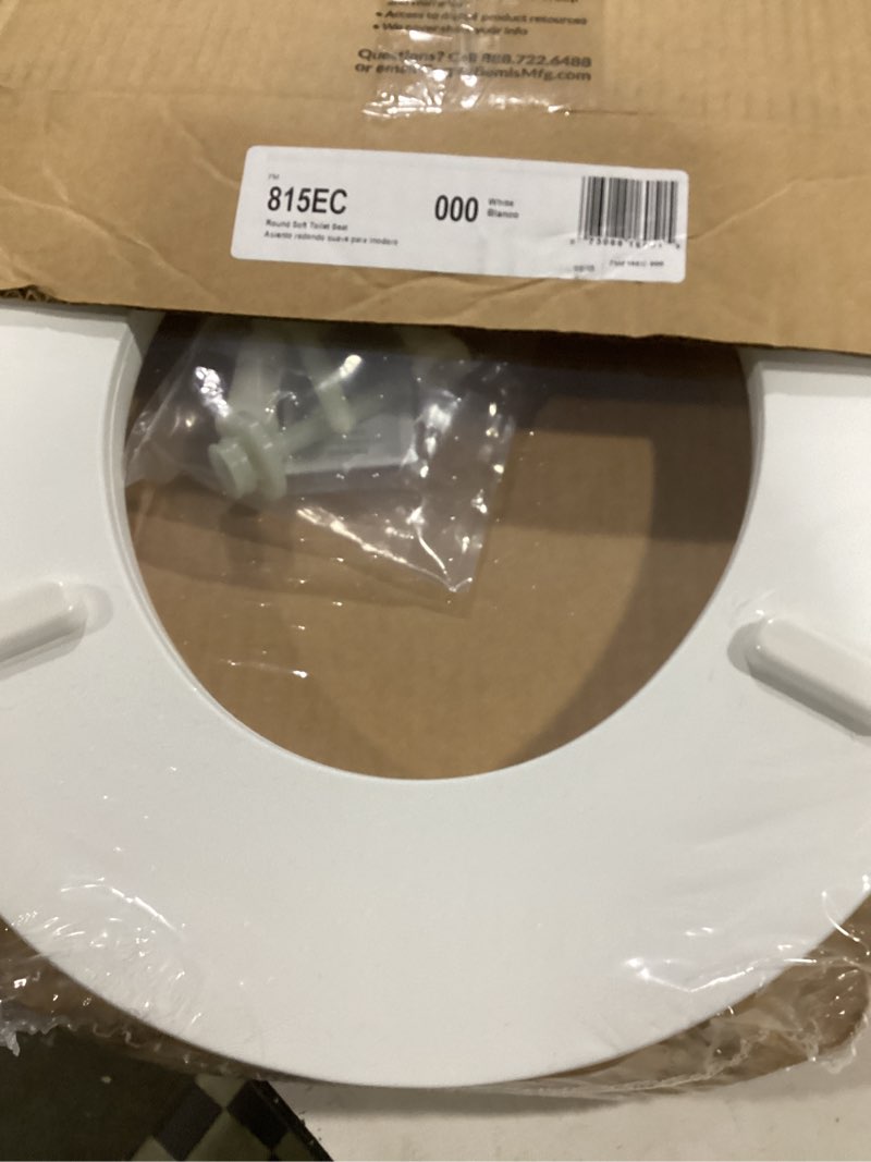 Condition photo showing Good Condition for mayfair padded toilet seat, cushioned soft vinyl over wood core seat, secure hinges, easy clean, made in usa, round, white round white toilet seat