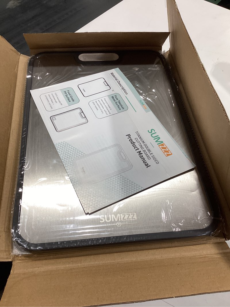 Condition photo showing Good Condition for titanium cutting board for kitchen, double sided chopping board, 99.9% pure titanium & pp, non-porous, odor resistant, safe for raw & cooked food, easy to clean, large 15”×10.3” silver set of 1 (16" x 11")