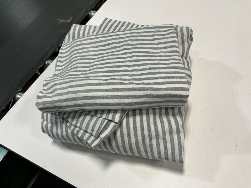 Condition photo showing As Is for quince european linen fitted sheet set 2 piece queen grey/white stripe